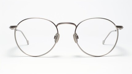 Metal glasses, prescription or reading, on clean white backdrop.