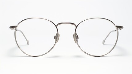 Metal glasses, prescription or reading, on clean white backdrop.