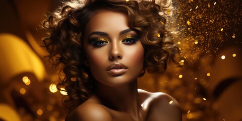 Woman model in gold make-up in a golden background - obrazy, fototapety, plakaty