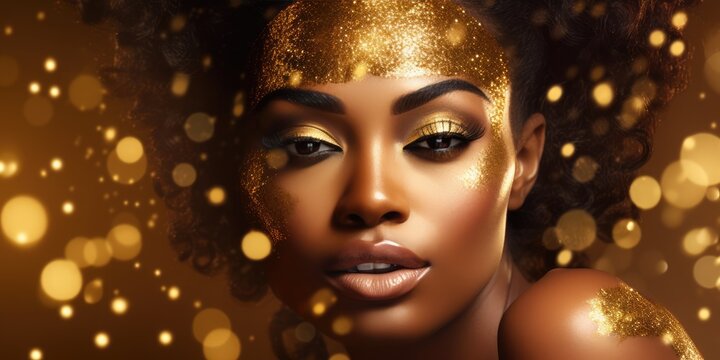 African American model in gold make-up in a golden background