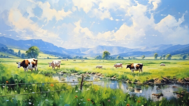 Grazing cows in the field near blue river in summer. Rural, village landscape. Wilderness. illustration