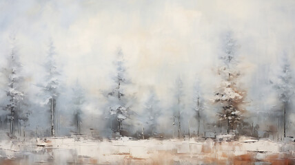 misty morning mist in snowy winter forest. Nature landscape