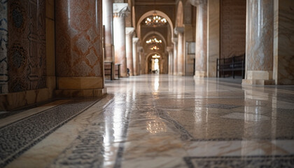 Obraz premium Ancient cathedral colonnade leads to vanishing point of spirituality generated by AI
