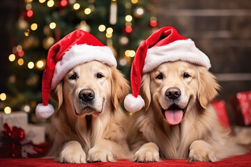 House Door decorated for Christmas with two cute golden retriever dogs wearing Santa hats. Christmas holiday background