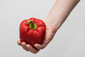 Caucasian man holds a red bell pepper in hand