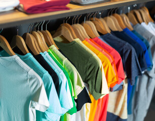 Assortment of summer and autumn clothing in modern garment store interior