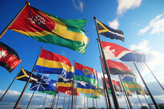 A vibrant tapestry of African flags waving in the wind, symbolizing the unity and diversity of the continent's nations. Concept of continental solidarity. Generative Ai.