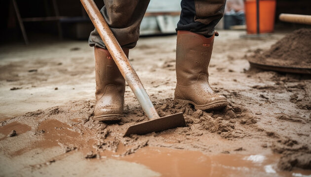 Dirty men digging mud with shovels, working outdoors in construction generated by AI
