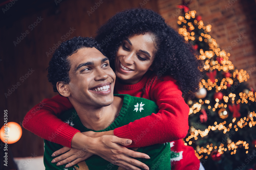 Poster Photo of positive people lady wife give warm hug her husband congratulate with new year in decor illumination house indoors