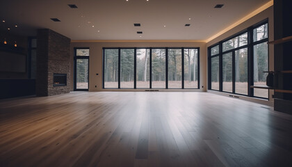 Obraz premium Modern apartment with hardwood flooring, bright lighting, and elegant decor generated by AI