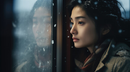 Portrait of young asian woman ooking at the snow through train window.