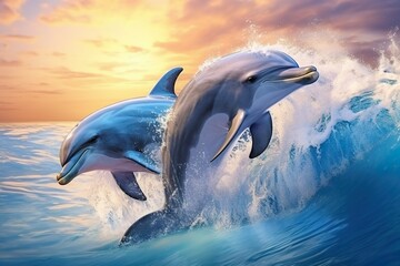 Fototapeta premium Playful dolphins jumping over breaking waves. Hawaii Pacific Ocean wildlife scenery. Marine animals in natural habitat.