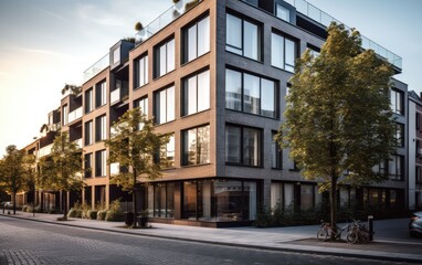 Modern facade of commercial-residential apartment with large floor-to-ceiling windows, Amsterdam - obrazy, fototapety, plakaty