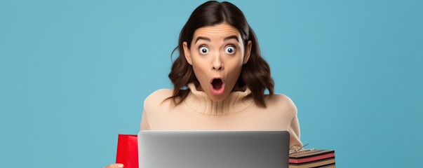 woman with laptop with a smiling and surprised face