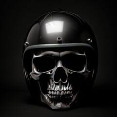 Monochrome skull in motorcycle helmet on dark backdrop.