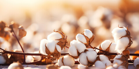Closeup of cotton balls on a branch in a sunshine rays on the summer field. Generative AI