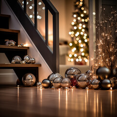 Christmas decorations  at a modern home. Blurred Christmas tree and lamps in the background.