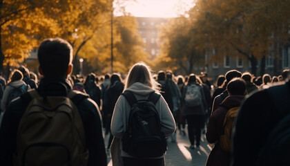 Large group walking outdoors in autumn, back lit by sunset generated by AI