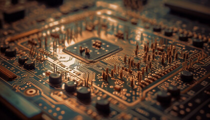 Abstract pattern of computer circuit board shows technological complexity and progress generated by AI