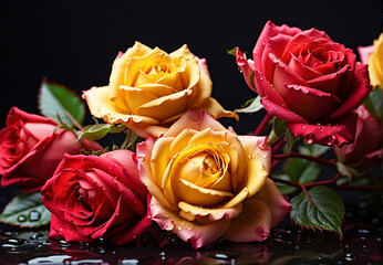 Flowers, a bunch of roses of different colors on a dark background