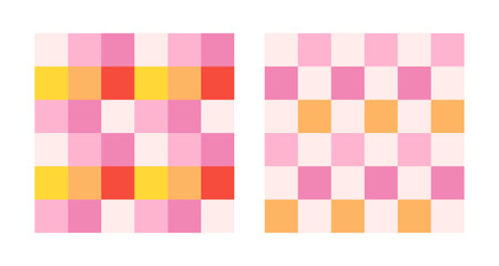 Checkerboard retro groovy background set. Geometric pastel square textures in vintage Y2K style. Hippie 70s patterns. Plaid pattern backgrounds. Pink, red, and yellow colors.