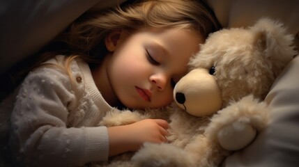 A happy little girl sleeping soundly with her teddy bear by her side.