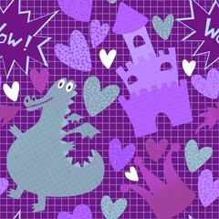 Cartoon dinosaur seamless Christmas dragon pattern for wrapping paper and fabrics and linens and kids clothes print