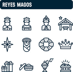 Three Kings Day icons. Vector set of the Three Wise Men. Outline icon design. January 6th tradition, toys and gifts.
