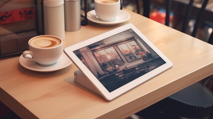 Obraz na płótnie Canvas Tablet placed on a coffee table, poised for a presentation. Modern workspace with a digital device ready for professional meetings and business discussions.