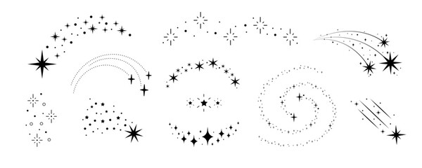 Set stars and comets isolated on a transparent background. Vector illustration in monochrome style. For cards, logo, decorations, invitations, boho designs. - obrazy, fototapety, plakaty
