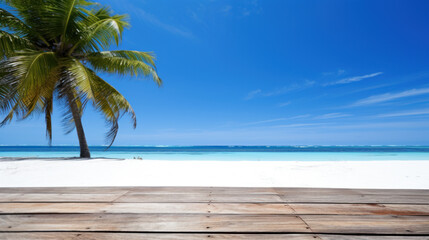 Empty table, sea and palm trees in blurred background