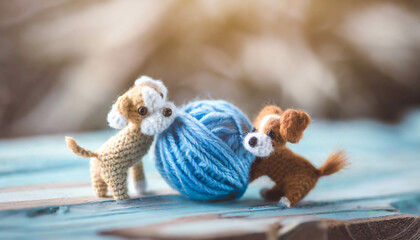 Fototapeta premium knitted dog puppies, cute dogs playing with wool. dolls ,ai generated