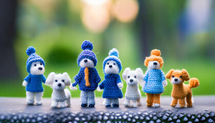 Fototapeta premium knitted dog puppies, cute playing dogs. wool dolls ,ai generated