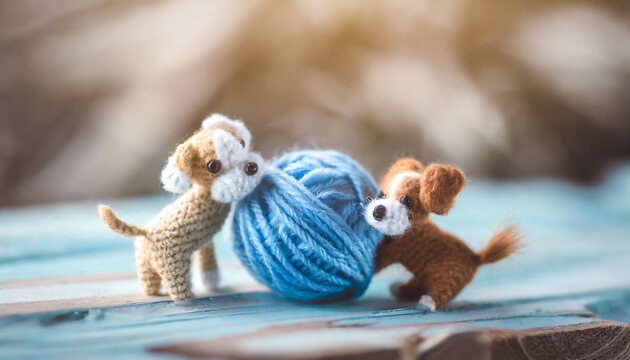 knitted dog puppies, cute dogs playing with wool.  dolls ,ai generated