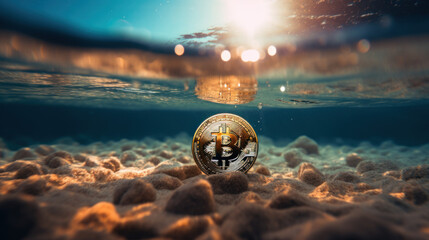 Bitcoin on the sea bottom - symbol of lowest price in market cycle - obrazy, fototapety, plakaty