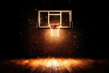Fotobehang Basketball Hoop Illuminated in a Dark Room Generative AI © j@supervideoshop.com