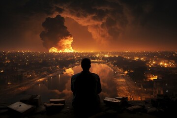 Apokalyptische Vision: Mann blickt auf zerstörte Stadt - obrazy, fototapety, plakaty