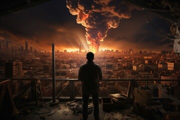 Apokalyptische Vision: Mann blickt auf zerstörte Stadt - obrazy, fototapety, plakaty