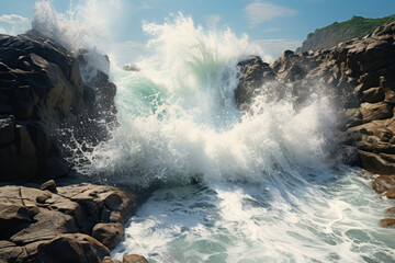 A wave crashing against rocks, illustrating the resilience and adaptability required in shaping and refining concepts. Concept of conceptual resilience. Generative Ai.