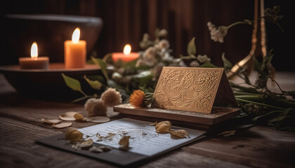 wooden table with candles and romantic decoration scene generated by AI
