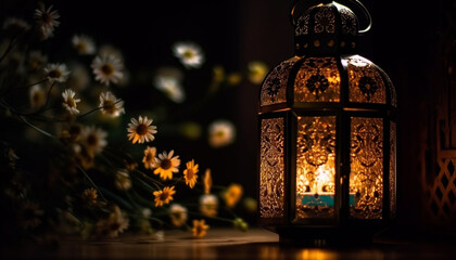 Ramadan celebration Ornate lanterns illuminate Arabic style decorations at night generated by AI