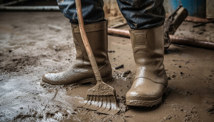 Men working outdoors with dirty boots and work tools in mud generated by AI - obrazy, fototapety, plakaty