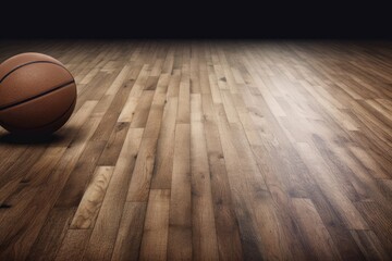 Basketball Serenely Nestled on a Polished Wooden Court Surface Generative AI - obrazy, fototapety, plakaty