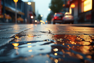 A gentle drizzle descending on city streets, creating a reflective sheen on pavement surfaces....