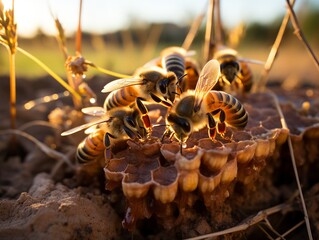 A colony of bees swarming around a beehive, working together to produce honey.