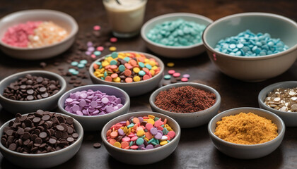 A colorful collection of sweet candy in a wooden bowl generated by AI