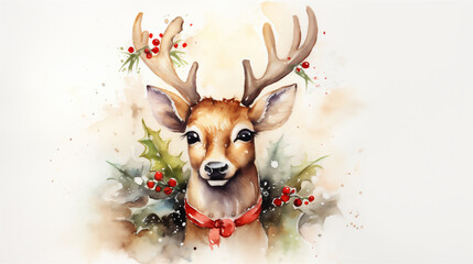 Watercolor Painting Christmas Winter Reindeer, Generative AI