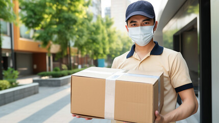 Delivery man in uniform and mask holding a cardboard box, providing contactless delivery