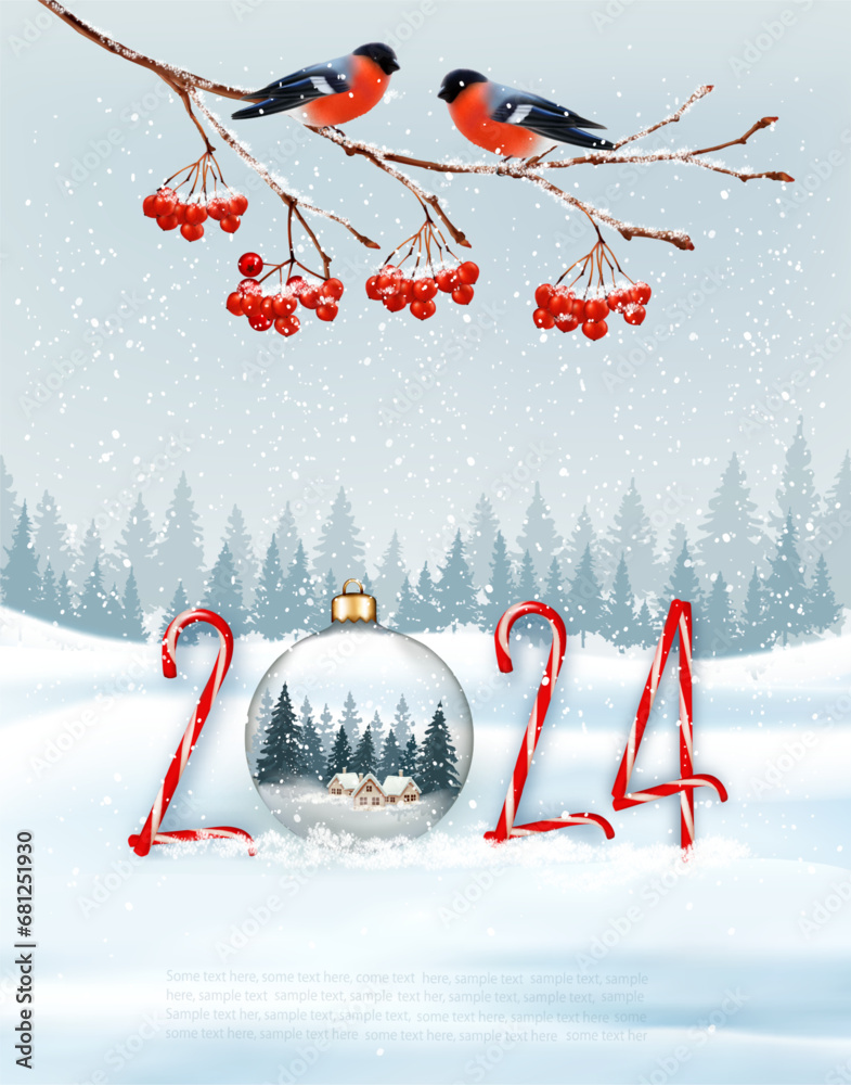 Aufkleber holiday christmas background and happy new year with red bullfinches on branch of a christmas tree a
