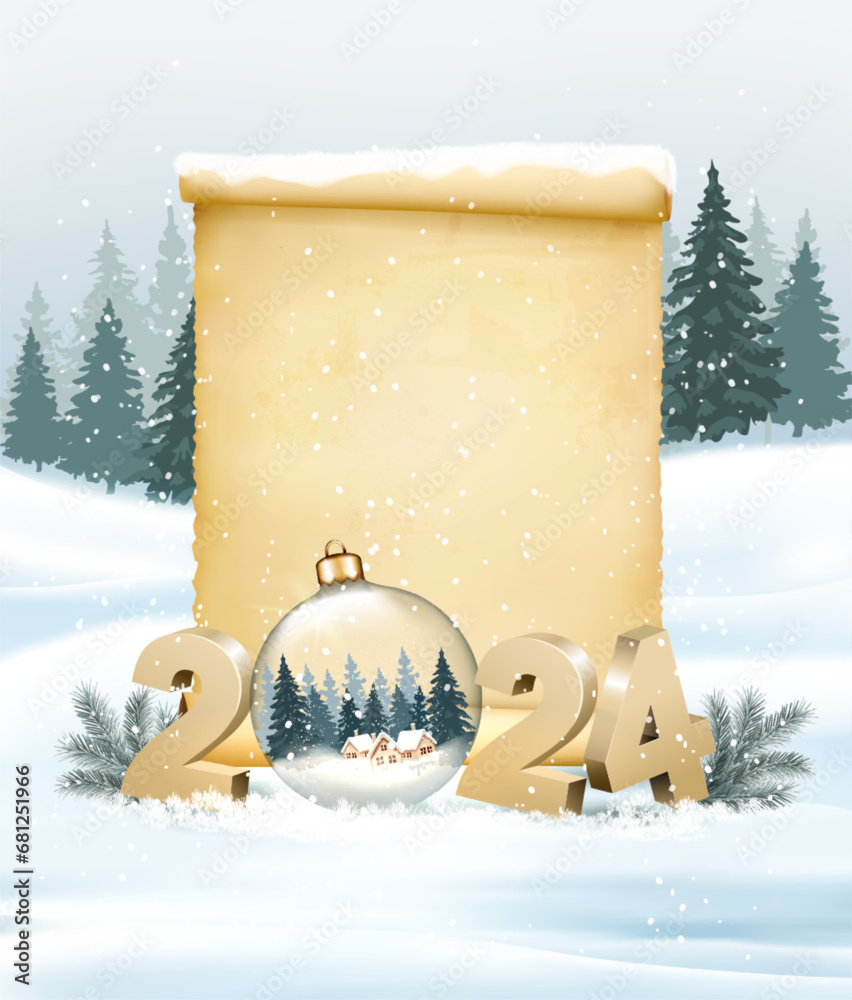 Aufkleber holiday christmas and happy new year background with gold 2024 numbers and transparent ball and old 